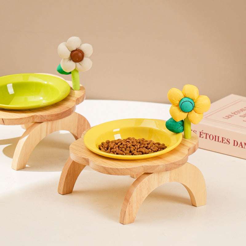 Cat Food Bowl With Wood Holder Stand Flower Shaped Ceramic Food Dish Water Bowl Cat Feeding Drinking Plates Multi Color