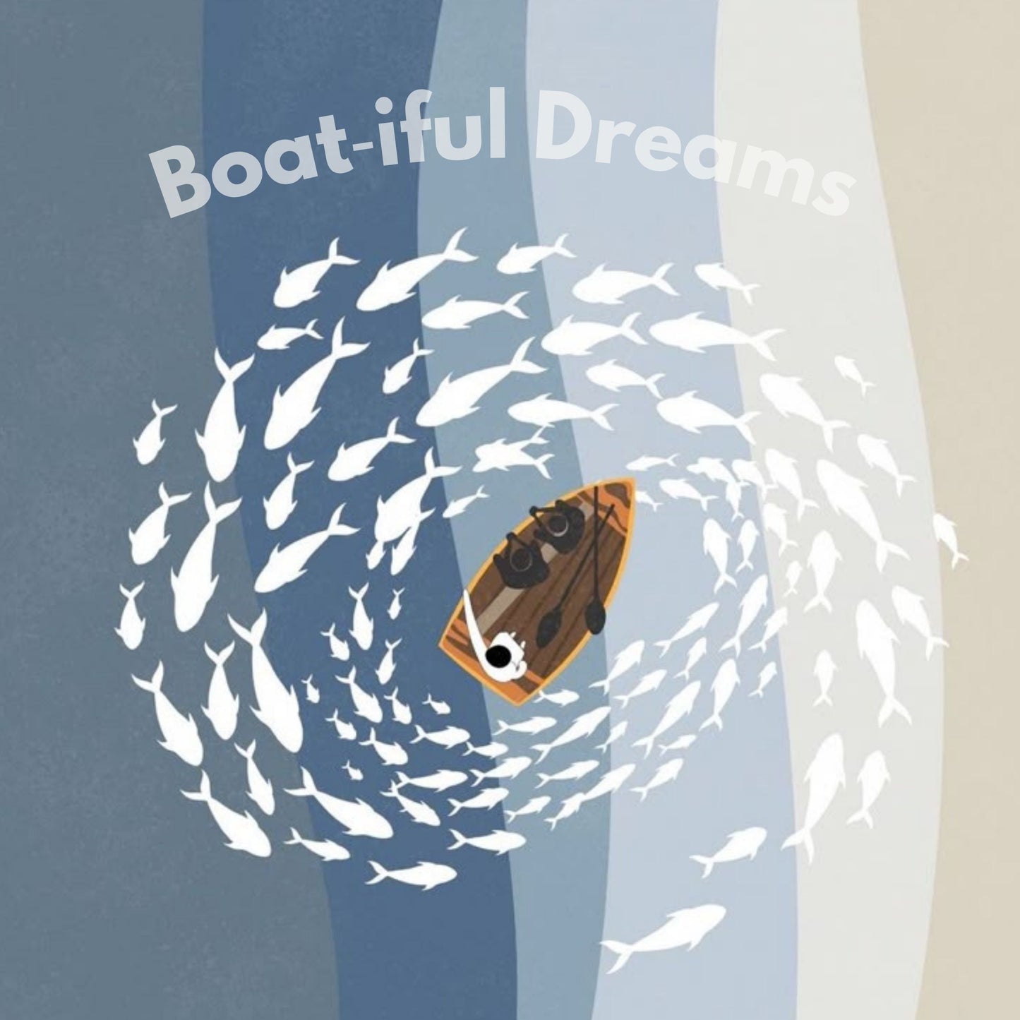 Boat-iful Dreams Pillow Case design featuring a boat surrounded by playful fish and soothing wavy stripes.