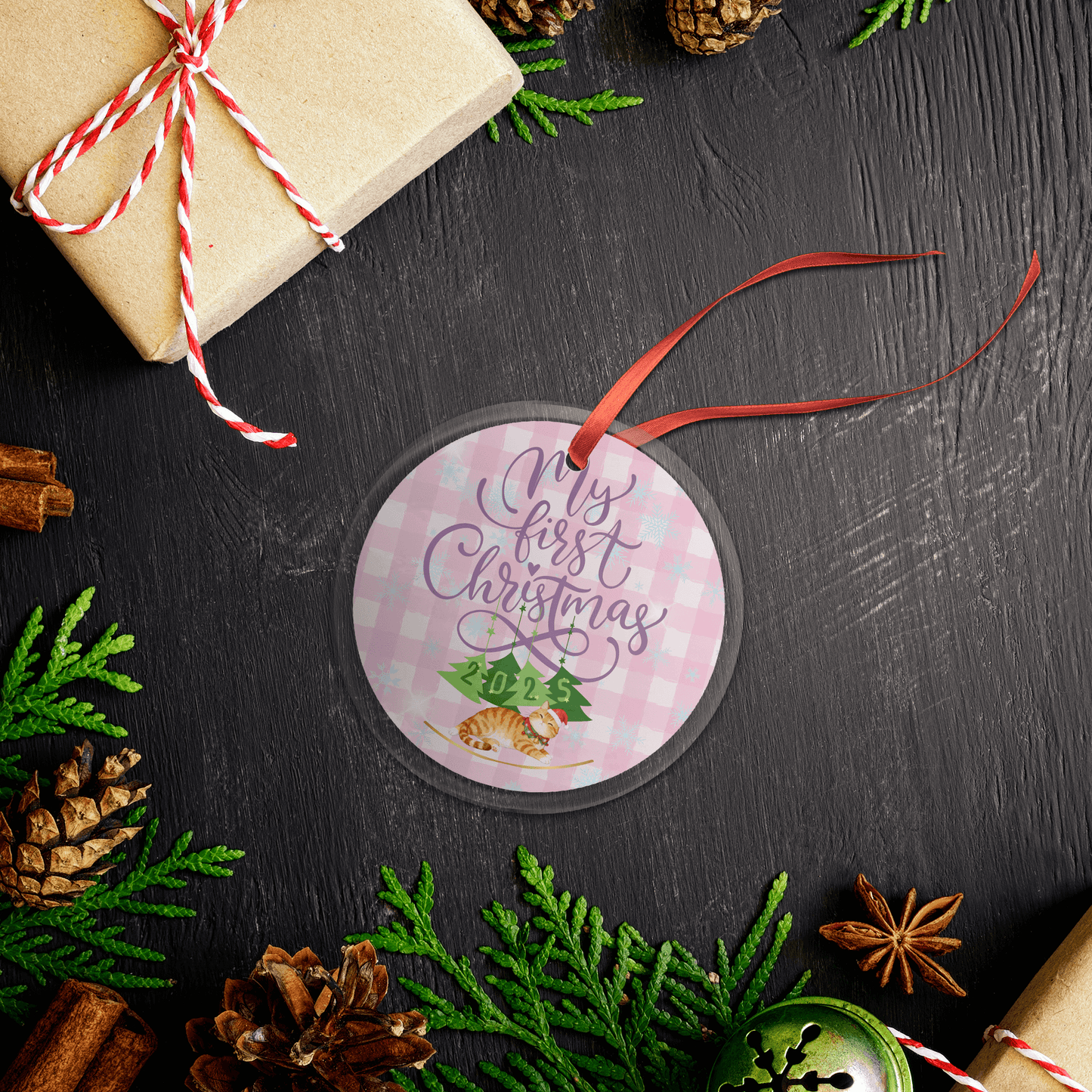 Cat Lover Christmas Ornament featuring a round glass design with a festive pink checkered pattern.