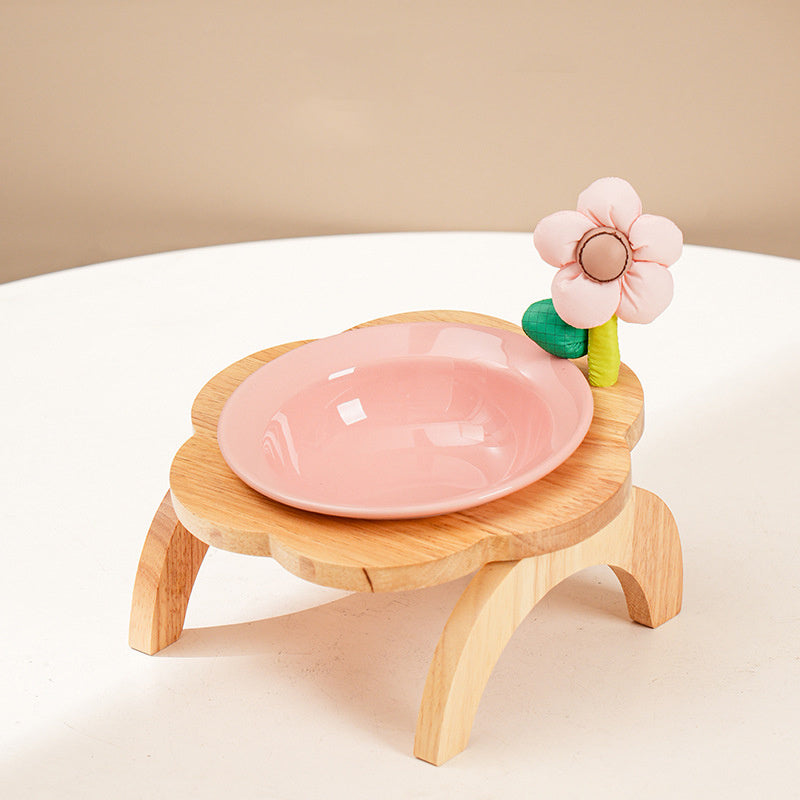 Cat Food Bowl With Wood Holder Stand Flower Shaped Ceramic Food Dish Water Bowl Cat Feeding Drinking Plates Multi Color