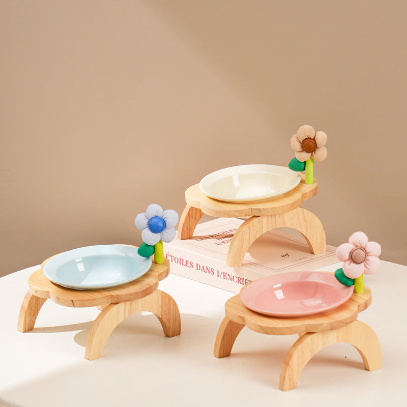 Cat Food Bowl With Wood Holder Stand Flower Shaped Ceramic Food Dish Water Bowl Cat Feeding Drinking Plates Multi Color