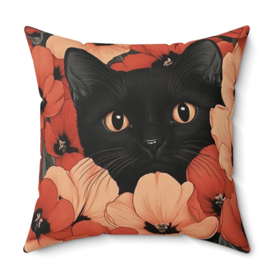 Black Cat in the Poppies Pillow