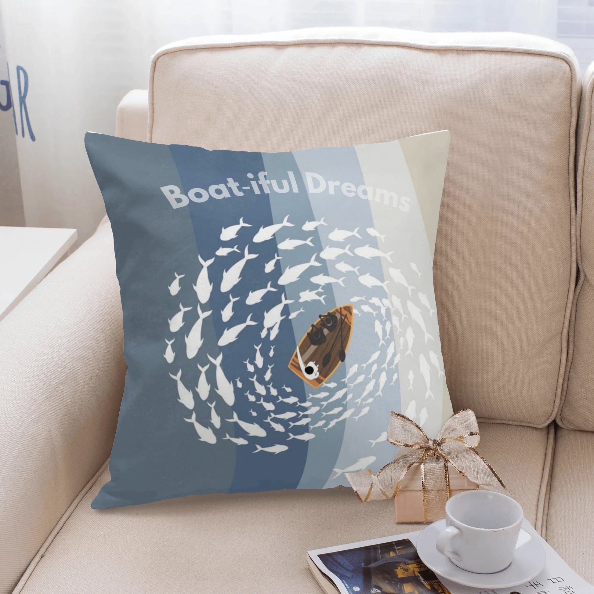 Boat-iful Dreams Pillow Case featuring a playful nautical design with fish and a boat.