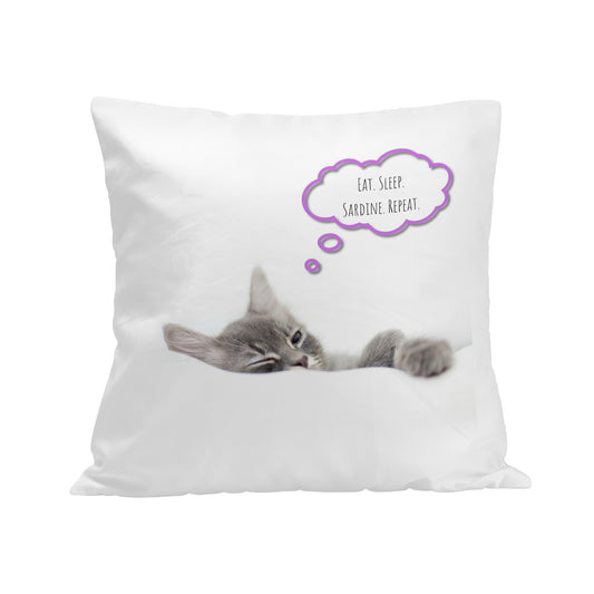 Cat Nap Pillowcase for Cat Lovers featuring a cat dreaming 'eat. sleep, sardine, repeat'.