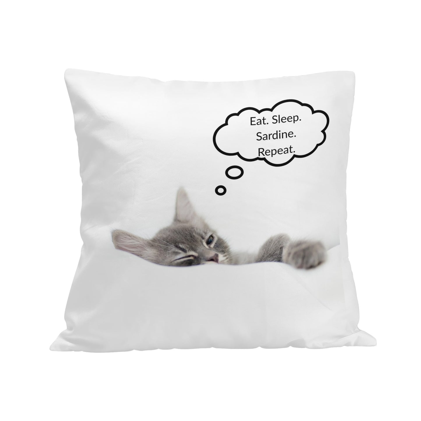 Eat. Sleep. Sardine. Repeat. Pillow Case featuring a cute cat lounging and dreaming.