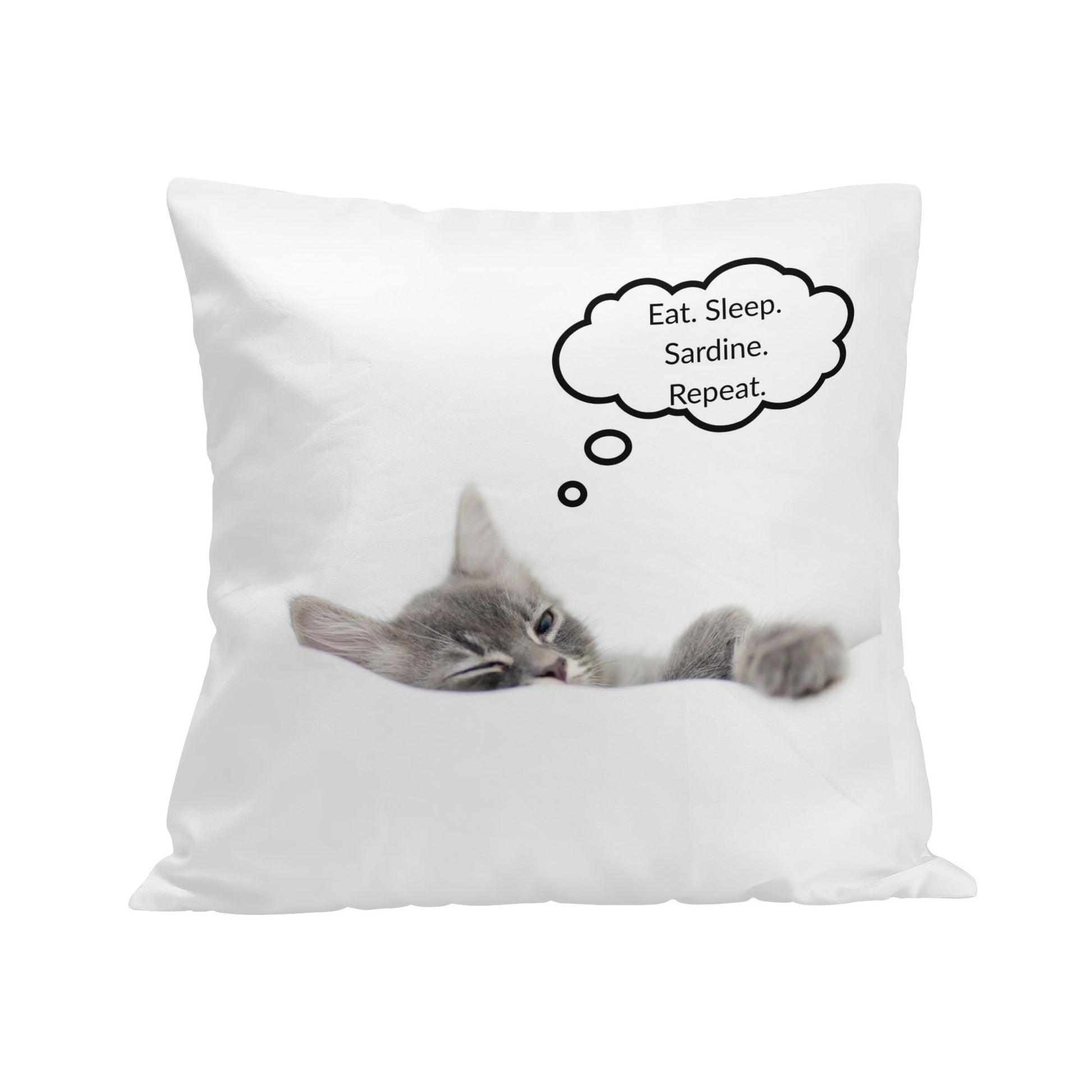 Eat. Sleep. Sardine. Repeat. Pillow Case featuring a cute cat lounging and dreaming.