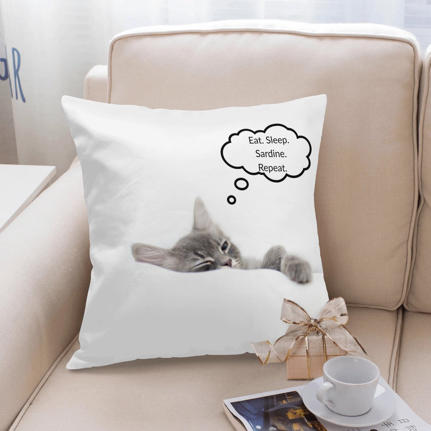 Eat. Sleep. Sardine. Repeat. Pillow Case with a cute cat lounging on a sofa.
