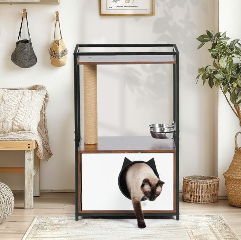 Modern Wooden Cat Tree Condo & Feeding Station