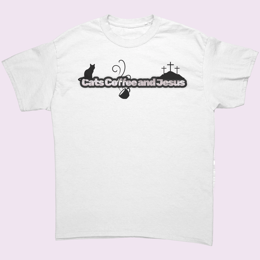 Cats Coffee and Jesus T Shirt | Christian Cat Lover Shirt | Faith Based Graphic Tee | Cute Religious Cat Shirt Gift design on white tee