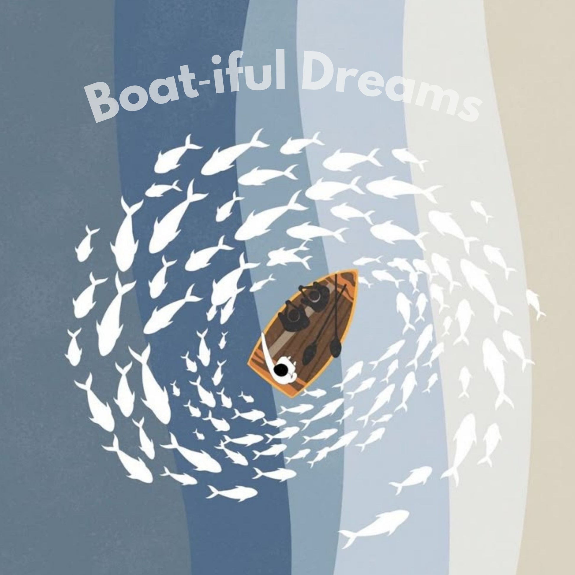 Boat-iful Dreams Pillow Case design featuring a boat surrounded by playful fish and soothing wavy stripes.