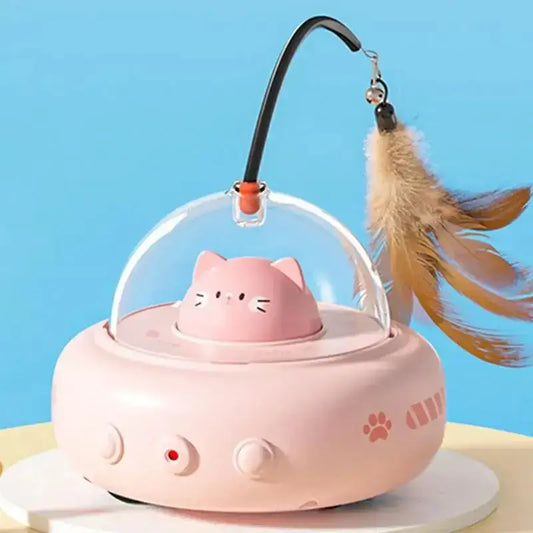 Spaceship Cat Interactive Toy featuring a rotating feather teaser to engage and entertain your feline friend.